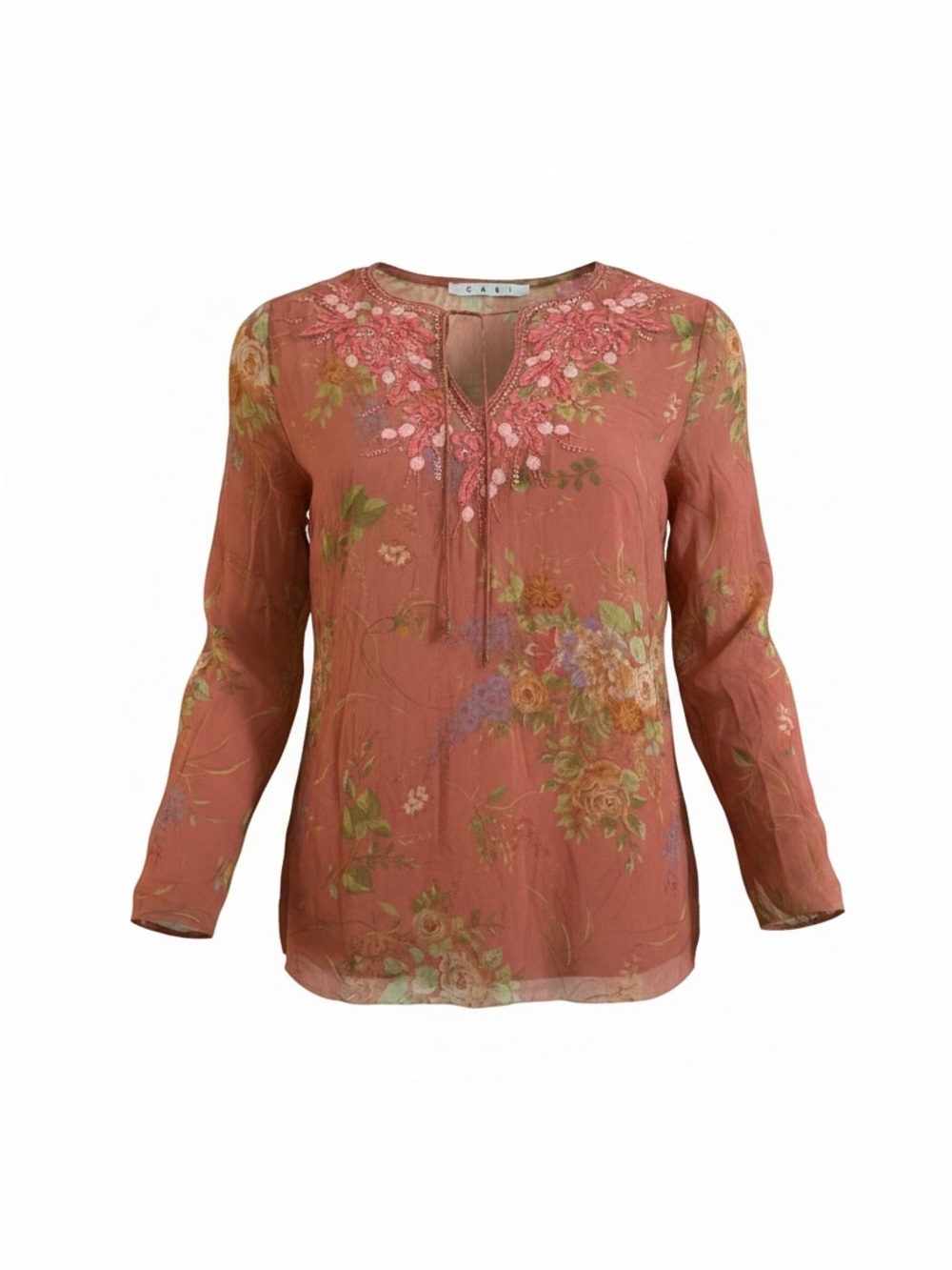 Cabi 100% Silk Embroidered Floral Sheer Boho Blouse Women’s Size XS